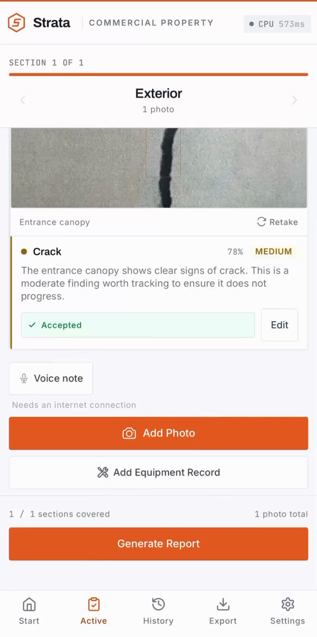 Strata flags a crack on an inspection photo with severity and confidence